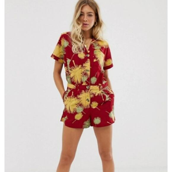 Free People Women's Malibu Hawaiian Romper M Maroon Combo Cotton Tropical - Picture 13 of 13